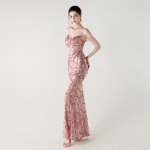 Graceful Sequin Embellished Mesh Mermaid Maxi Dress